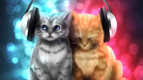 Котики Арт Обои на телефон две кошки в наушниках