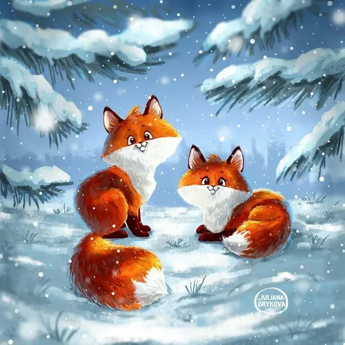 Зима Картинки группа лисиц в небе