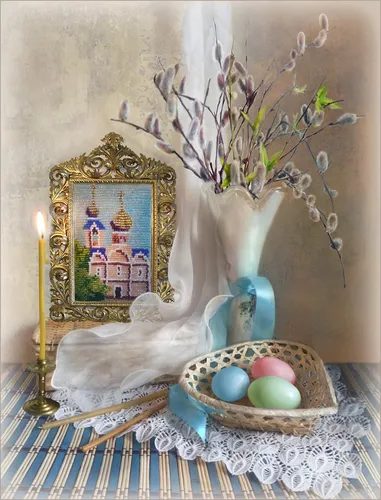 Чистый Четверг Картинки корзина с яйцами и свечой
