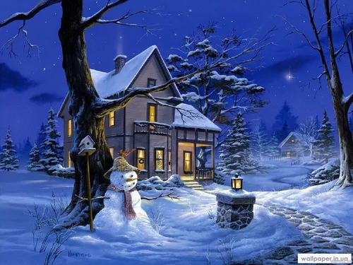 Уютный Новогодние Обои на телефон домик со снеговиком на переднем дворе