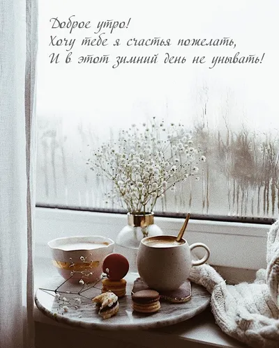 Зимние Позитивный С Добрым Утром Картинки окно с вазой и чайниками и чашкой чая