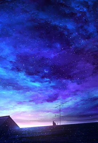Фон Картинки человек, сидящий на крыше под звездным небом