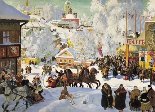 Масленица Картинки картина города с людьми и лошадьми