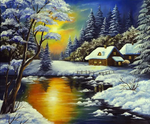 Зимние Картинки домик у реки в снегу