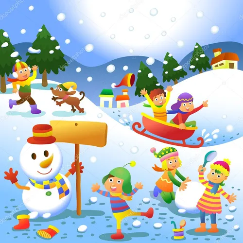 Зимние Картинки группа детей, играющих на снегу