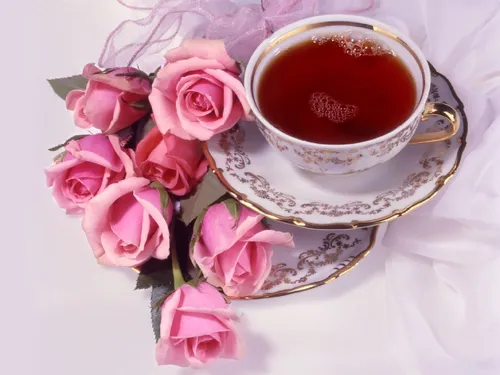 Нежные С Добрым Утром Картинки чашка чая с розовыми розами