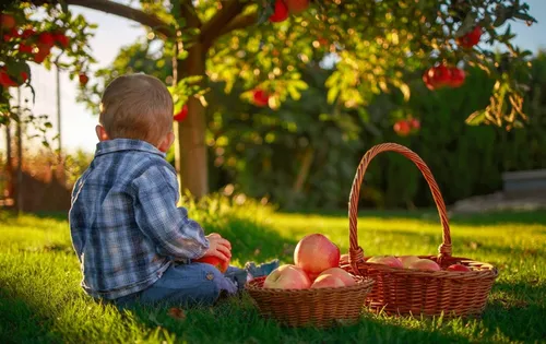 Бесплатные Картинки мальчик сидит на траве рядом с корзинами с яблоками