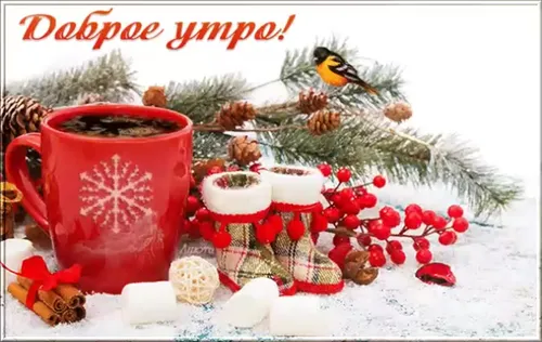 Доброго Утра Зима Картинки птица на ветке с чашкой кофе и чашкой кофе