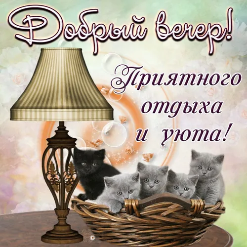 Хорошего Вечера Картинки группа котят в корзине у лампы
