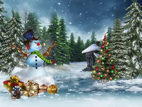 Картинка Новогодняя Картинки снеговик и деревья в заснеженном месте