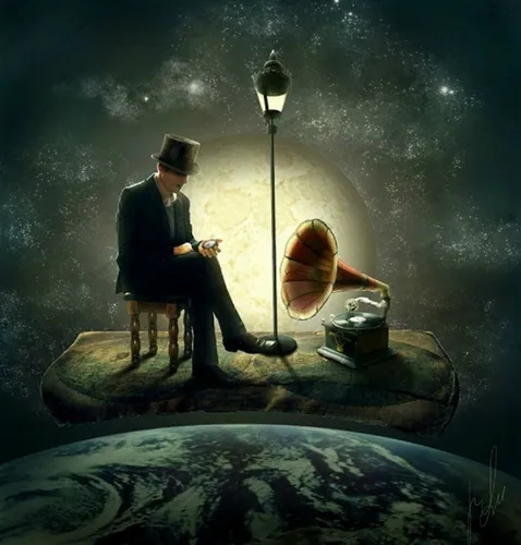 Необычный Со Смыслом Картинки человек, сидящий на табуретке с лампой и фонарем