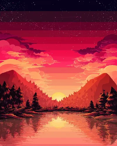 Пиксельные Картинки закат над водоемом