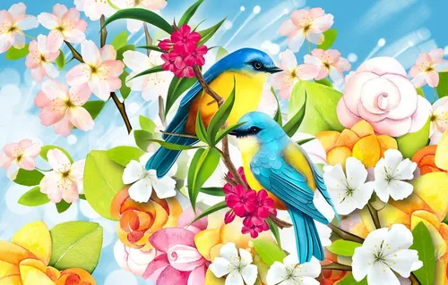 Весенние Картинки пара птиц на цветке