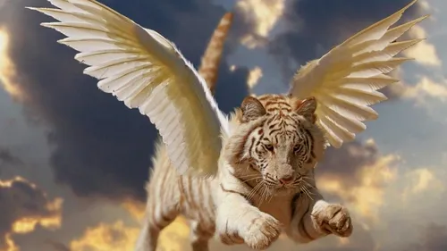 Год Тигра Картинки белый тигр с крыльями и белая птица, летящая в воздухе