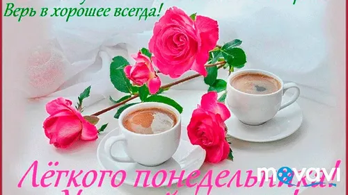 Доброе Утро Понедельника Картинки чашка кофе и пара розовых роз на белой поверхности