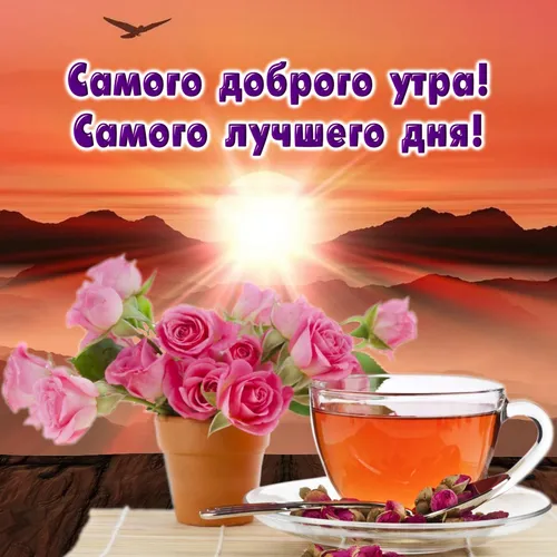 Картинка Позитивная С Добрым Утром Картинки чашка чая и букет розовых цветов на столе