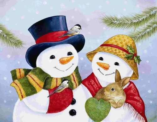 Новогодние Для Срисовки Картинки пара снеговиков в шляпах
