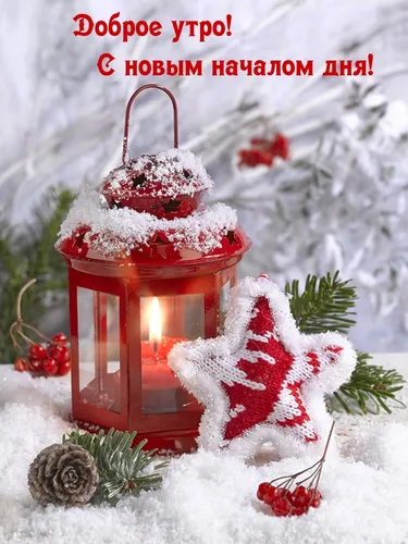 Доброе Утро Зимние Картинки фонарь с красной свечой и красной ягодой на снегу