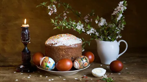 С Пасхой Красивые Картинки пирог с яйцами и свечой