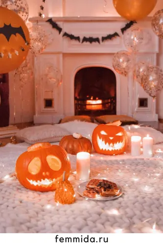 Хэллоуин Картинки стол с тыквами и свечами