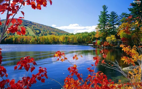 Красивые На Рабочий Стол Картинки озеро, окруженное деревьями и горами
