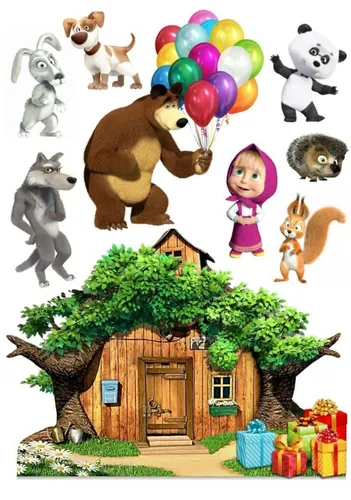 Элоиза Уилкин, Маша И Медведь Для Печати Картинки карикатура девушки с воздушным шаром и собакой с домиком и деревьями