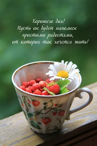 Прекрасного Дня Картинки чашка чая с клубникой и цветком сбоку