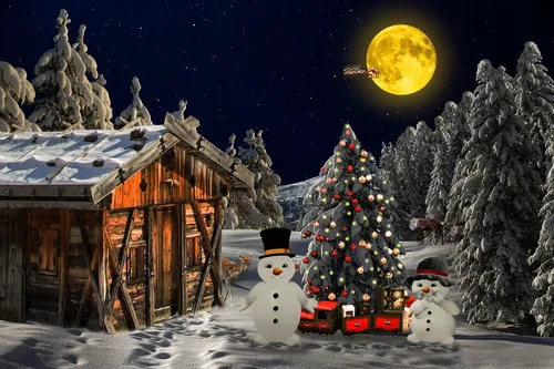 Рождественский Сочельник Картинки снеговик и дом с деревьями и луной в небе
