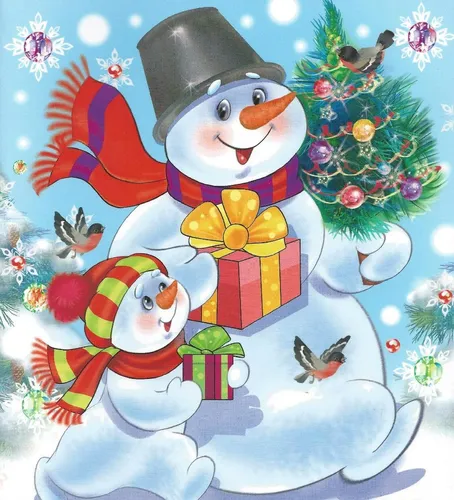Снеговик Картинки детский рисунок снеговика и дерева