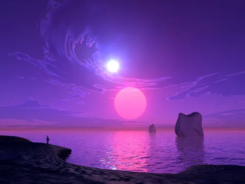 Фиолетовые Картинки человек, стоящий на пляже с большой луной в небе