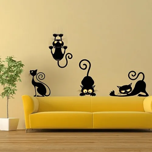 Для Наклеек Картинки желтый диван с желтым диваном и стена с черными мультяшными котами