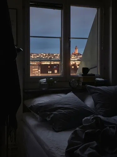 Комнаты Картинки кровать с окном и видом на город