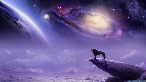 Фантастические Обои на телефон собака на скале в снегу с планетой на заднем плане