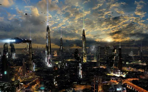 Фантастические Обои на телефон город с высокими зданиями и водоемом на заднем плане