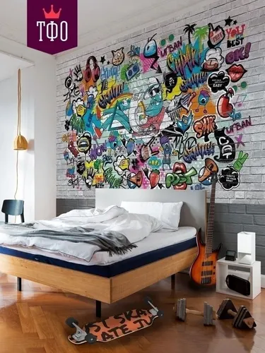 Яркие Для Подростков Обои на телефон спальня с кроватью и стеной с произведениями искусства