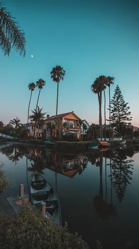 Los Angeles Обои на телефон дом на причале, окруженный водой с пальмами