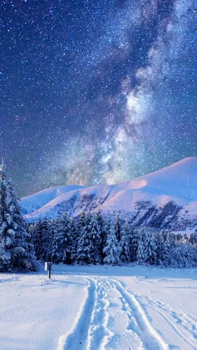 Зимние Обои на телефон снежная гора с деревьями и звездами в небе