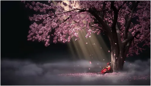 Анимационные Обои на телефон человек, сидящий под деревом с розовыми цветами