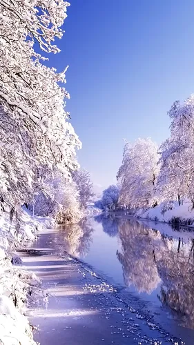 Картинки Зима Обои на телефон река со снегом на берегу