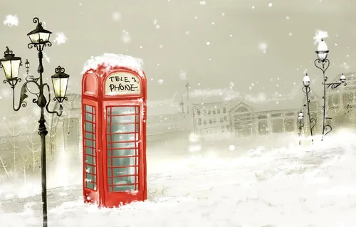 Картинки Зима Обои на телефон красная телефонная будка в снегу