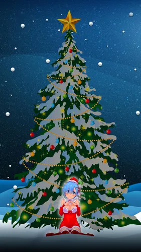 Новогодние Аниме Обои на телефон рождественская елка с огнями