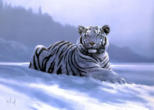Звери Обои на телефон белый тигр, лежащий в снегу