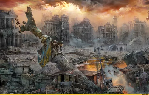 Постапокалипсис Обои на телефон видеоигра, показывающая город с большим танком и большим орудием