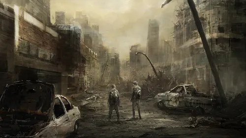 Постапокалипсис Обои на телефон пара мужчин, стоящих в разрушенном городе