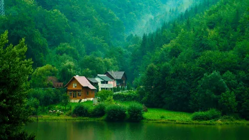 Природа Зелень Обои на телефон дом на холме у озера с деревьями и лесом на заднем плане