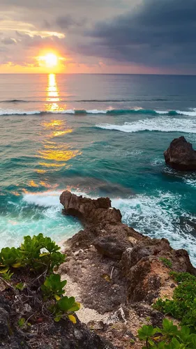 Остров Обои на телефон каменистый пляж с закатом