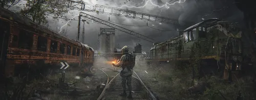 Сталкер Hd Обои на телефон видеоигра, показывающая человека в форме, стоящего перед горящим поездом