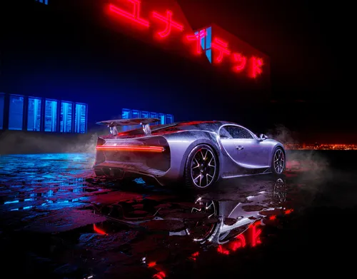 Bugatti Chiron Обои на телефон автомобиль, припаркованный на мокрой дороге