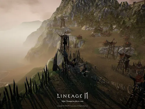 Lineage 2 Обои на телефон группа людей, идущих по тропинке с водопадом и скалой