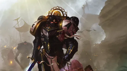Warhammer 40000 Обои на телефон видеоигра, в которой изображен человек в доспехах и плаще с флагом